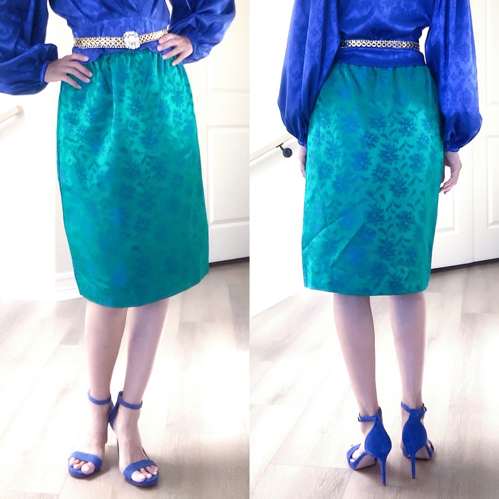 🦚 Handmade Vintage Peacock Green Elastic Waist Satin Kenn Length Skirt